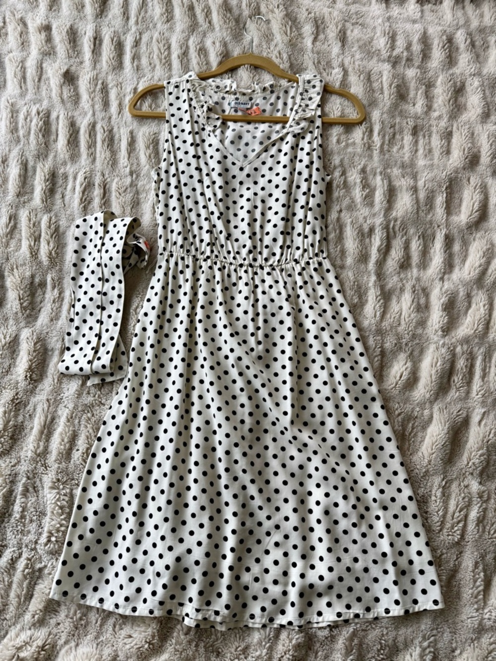 Vintage Old Navy Black Polka Dot on White Sleeveless Midi Dress with Belt